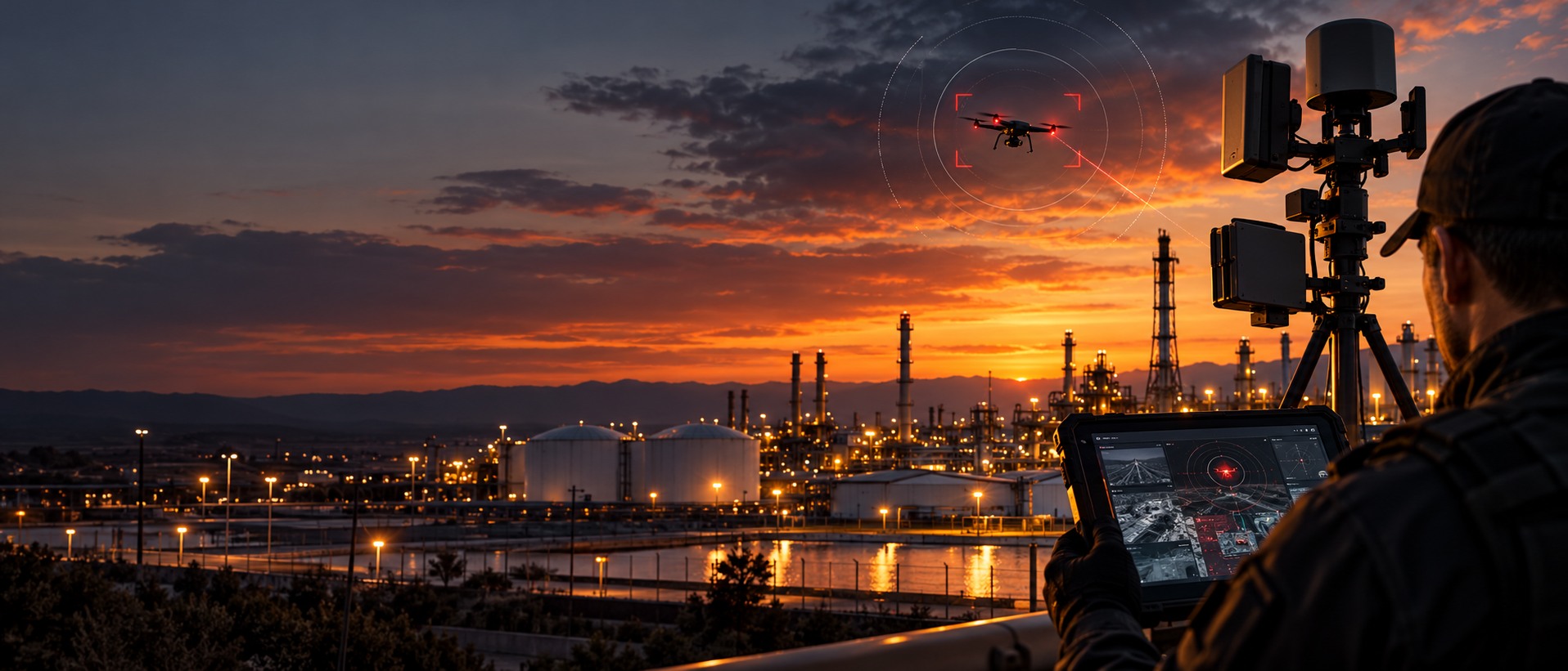 Counter-UAS operator monitoring a drone near critical infrastructure